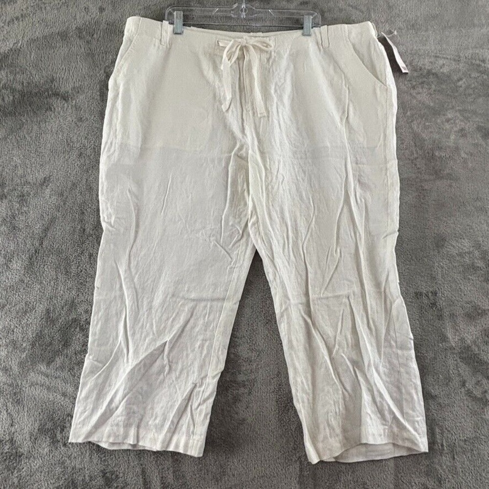 St. John's Bay Linen Crop Pants Womens 22W White Drawstring Waist 24" Inseam